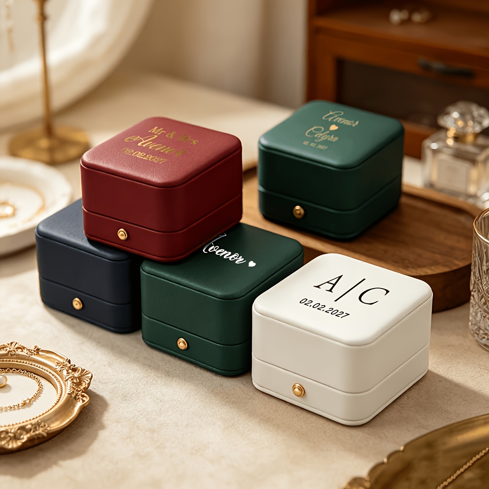 Personalized Retro PU Leather Ring Box, Custom Engagement Organizer